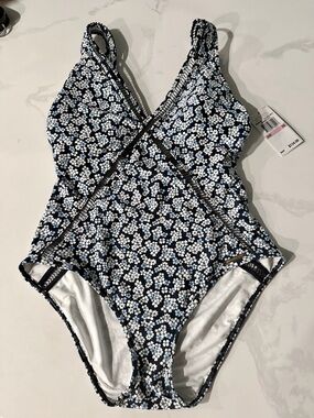 Michael Kors Navy and White Floral One-Piece Swimsuit Sz 10